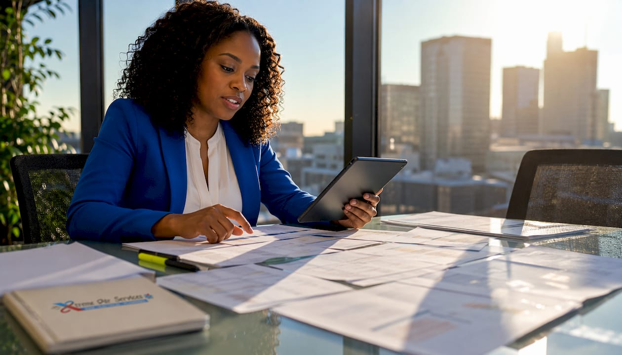 Hands managing construction budget sheets and calculator
