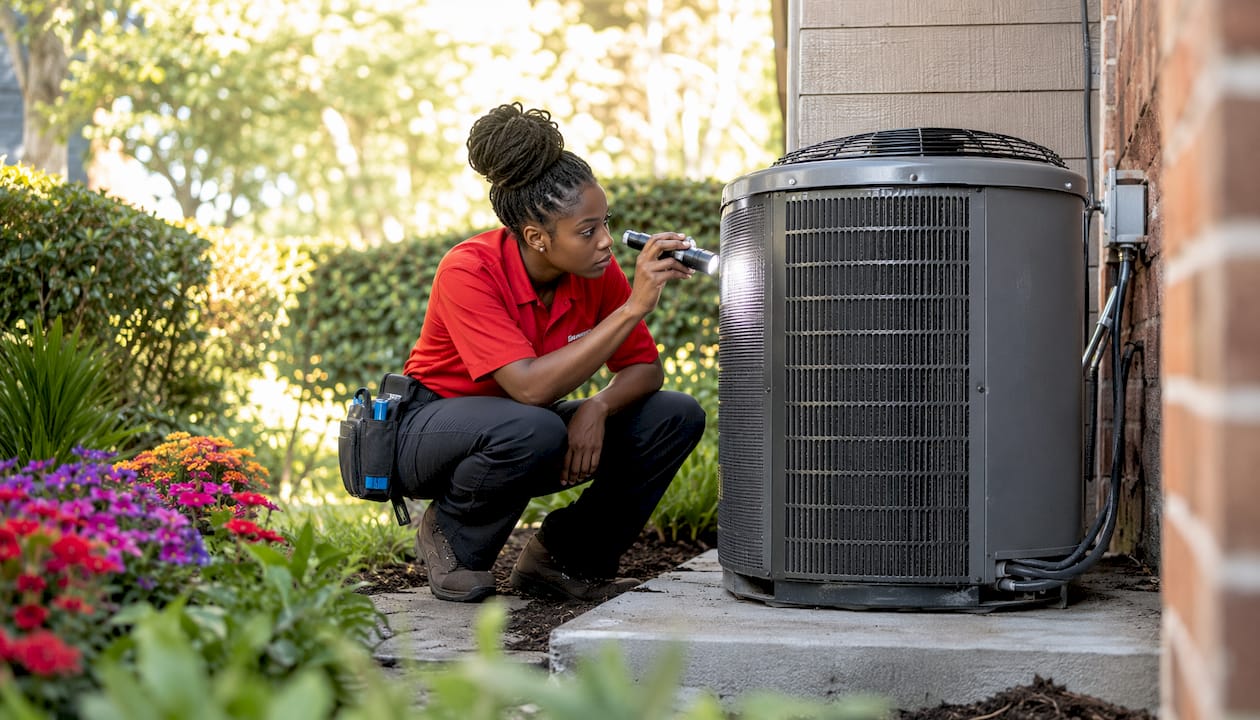 Technician inspecting outdoor AC unit in backyard