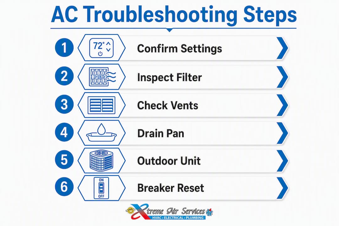 Infographic displaying AC troubleshooting steps from thermostat to breaker