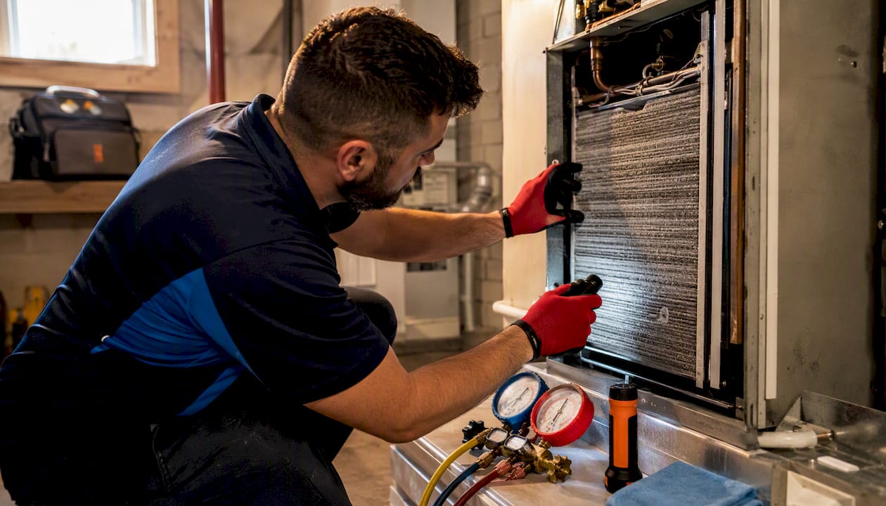 Technician inspecting evaporator coil in AC unit
