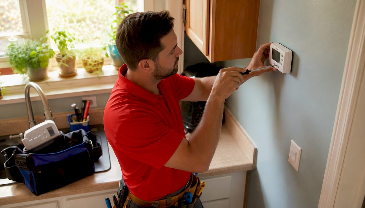 Man installing programmable thermostat
