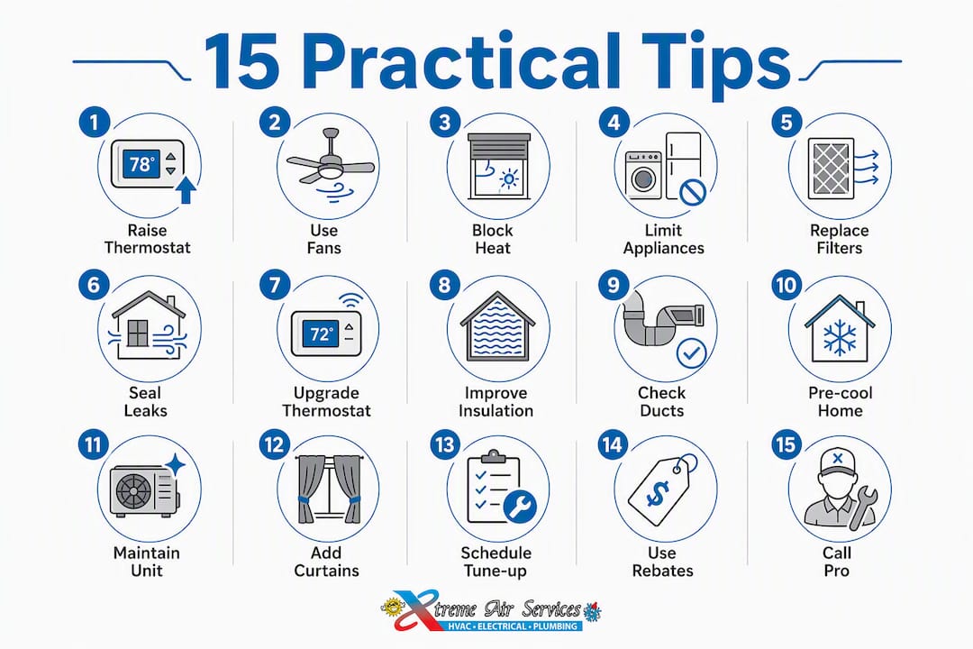 Infographic summarizing 15 money-saving AC tips