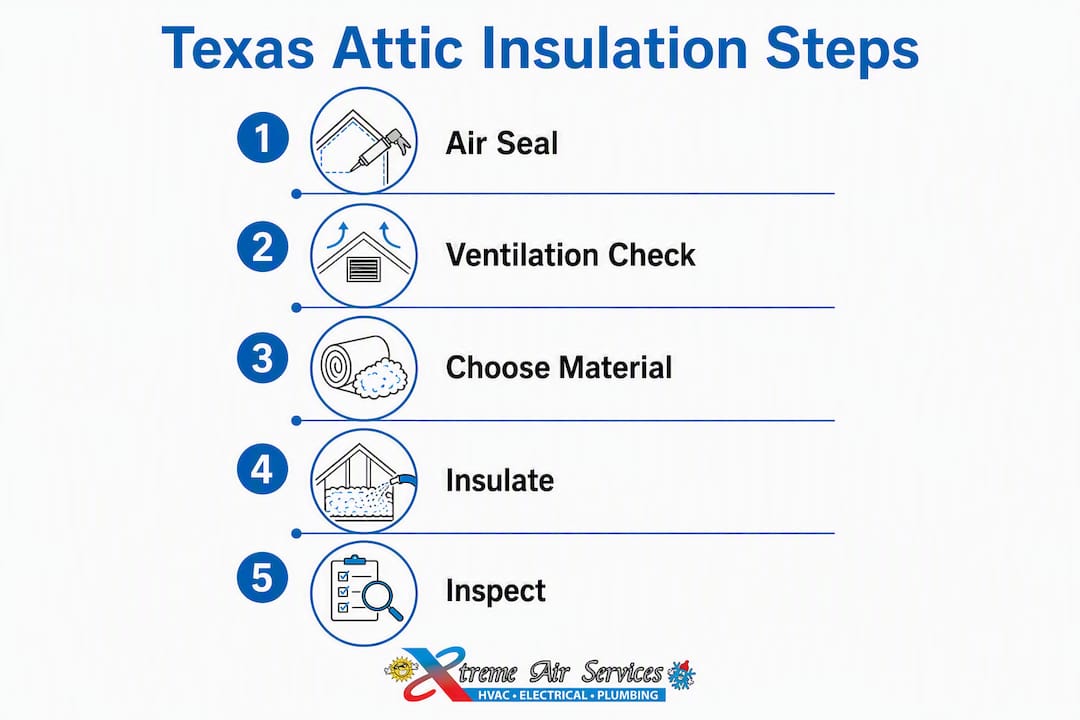 Infographic summarizing Texas attic insulation steps