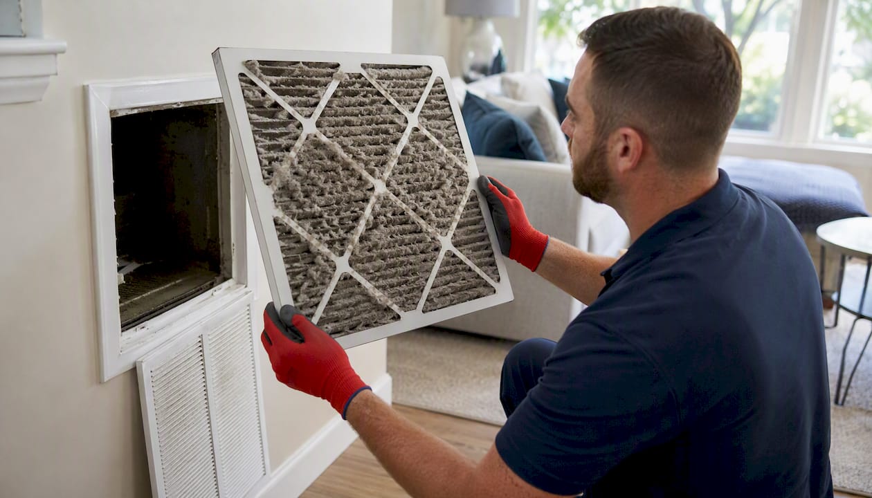 Dirty AC air filter held to light
