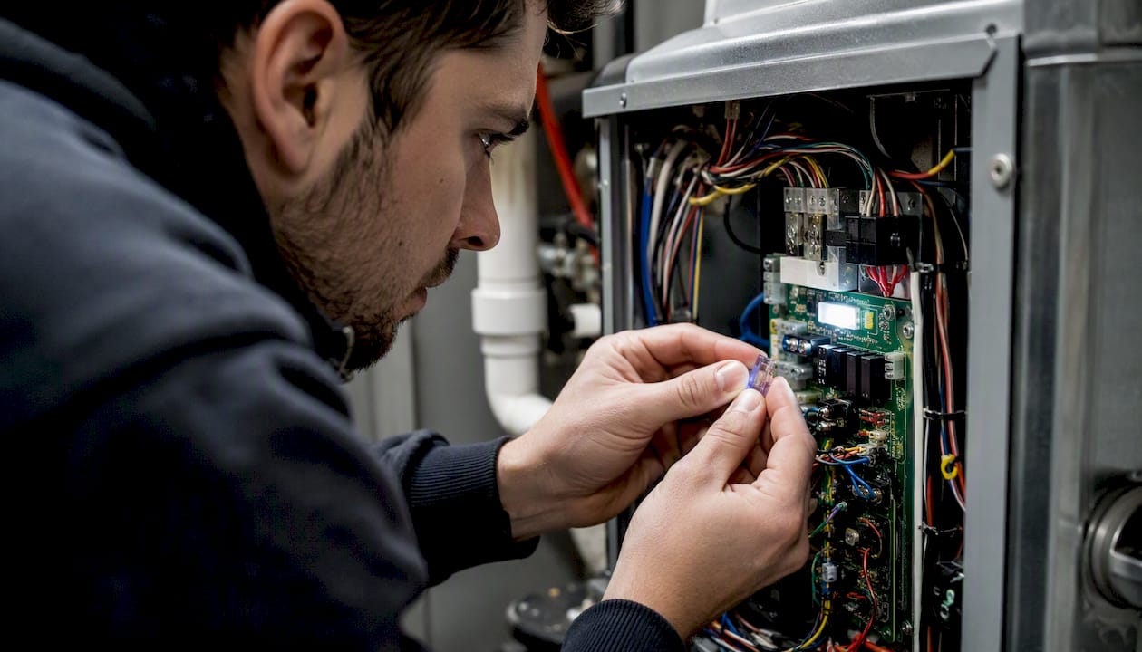 Furnace control board fuse inspection close-up