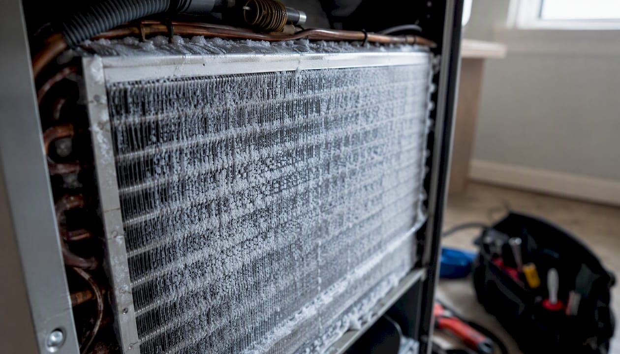 Frost-covered evaporator coil close-up