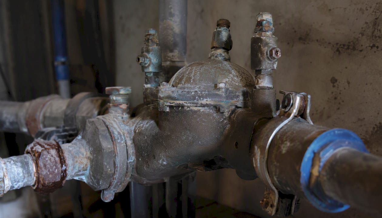 Close-up of aging backflow prevention assembly