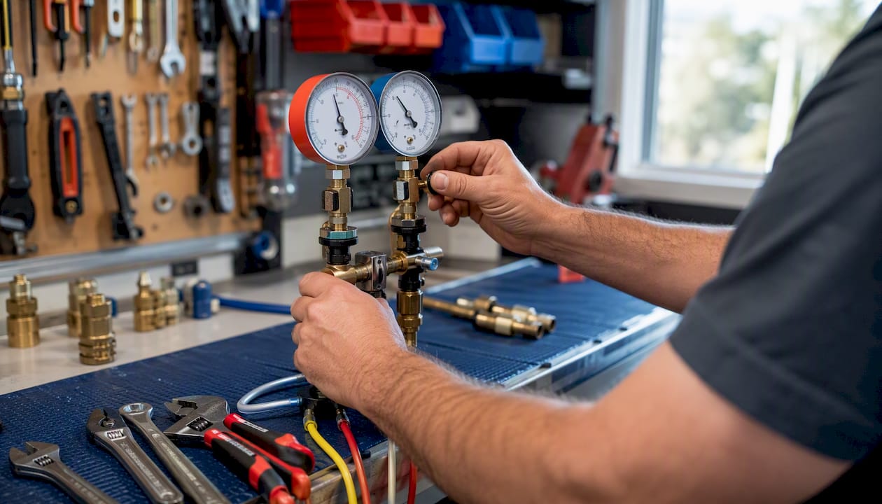Plumber calibrating backflow test gauges