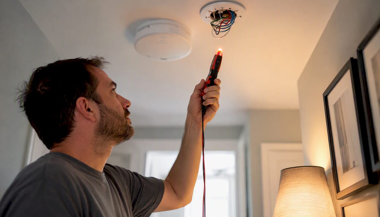 Technician testing smoke detector wiring