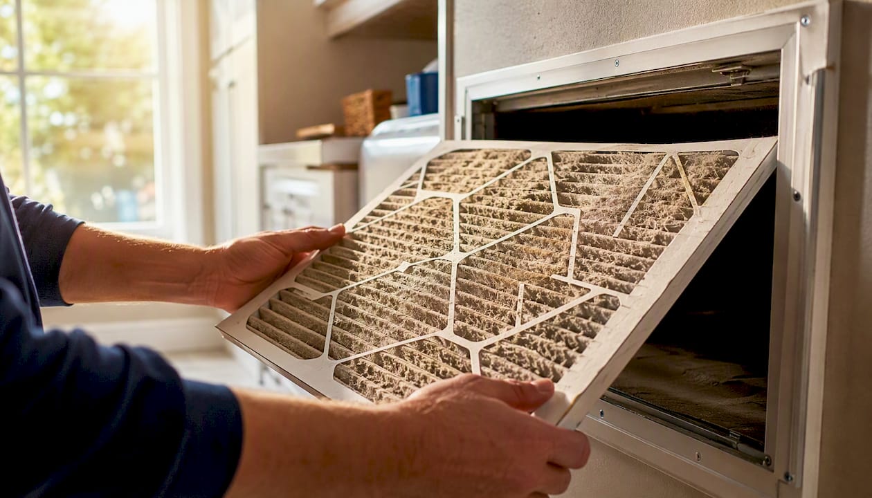 Hands removing dusty HVAC air filter