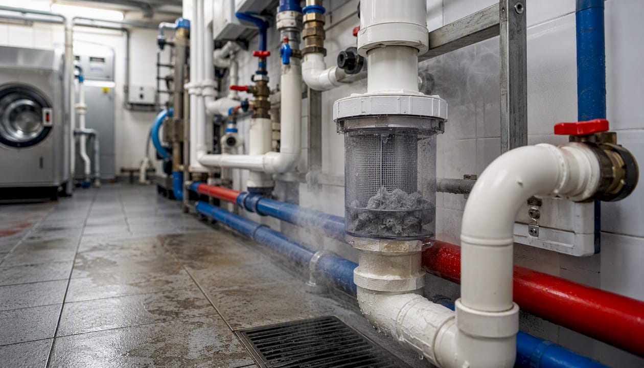 Commercial laundry room plumbing close-up