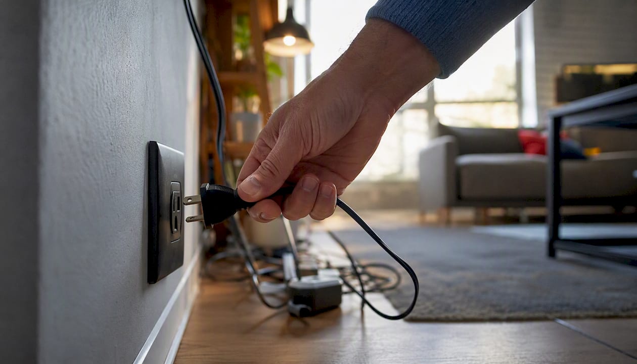 Hand unplugging electronic device to save power