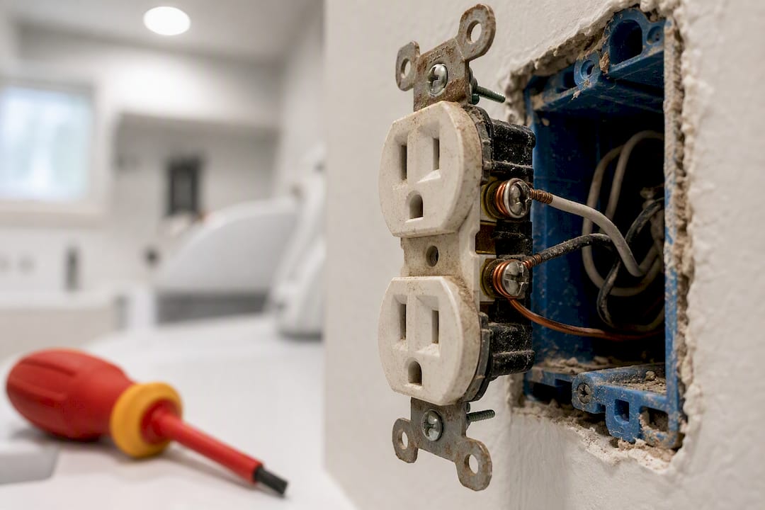 Close-up of outlet wiring on screw terminals