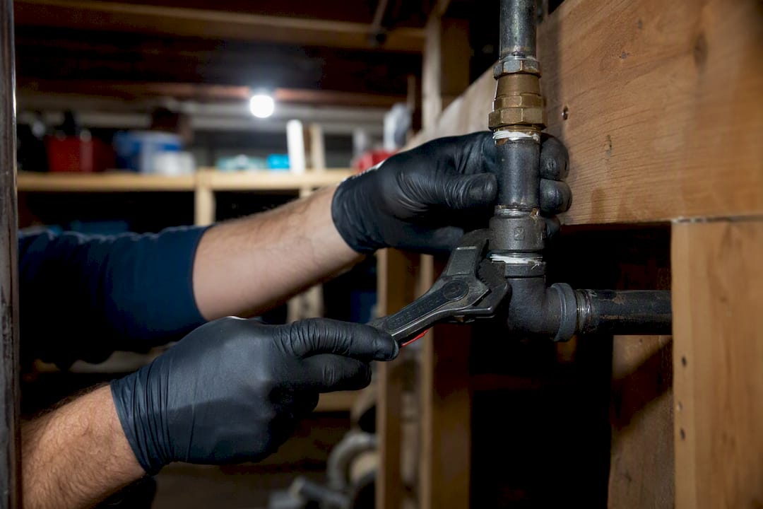 Technician tightening gas pipe joint