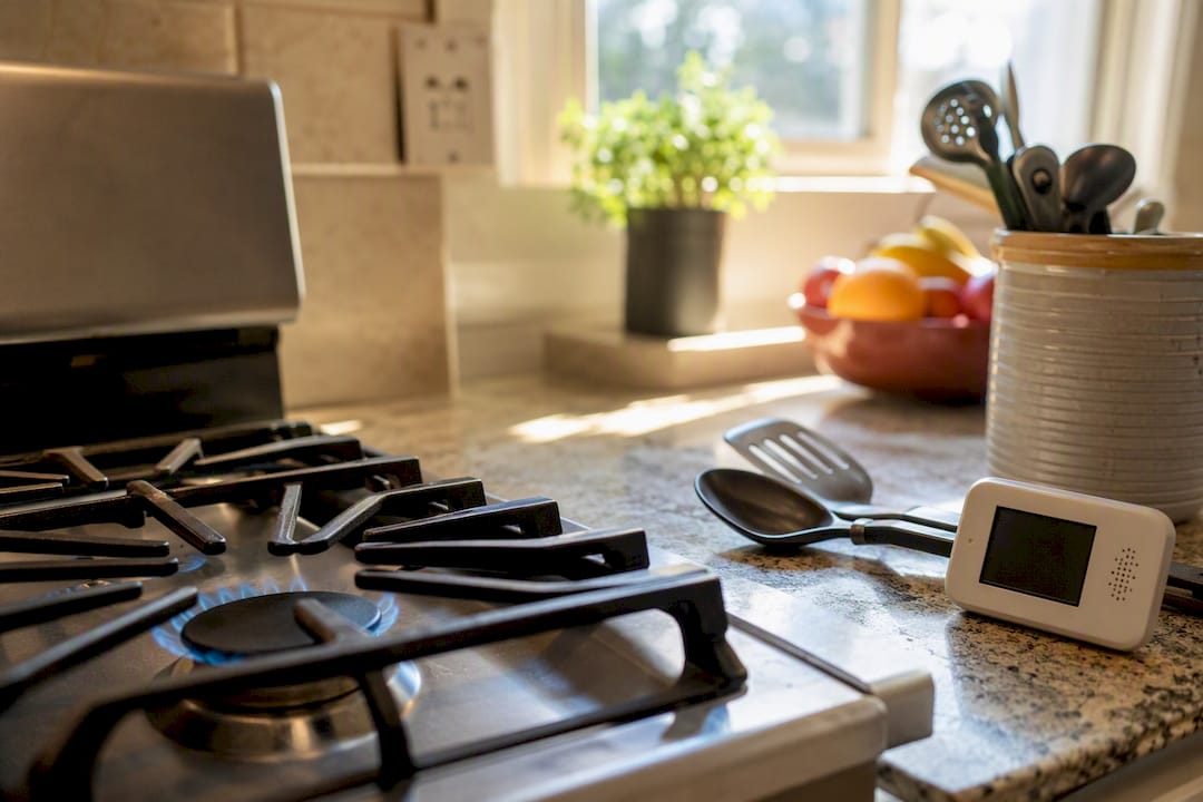 Gas flame on kitchen stove with open window