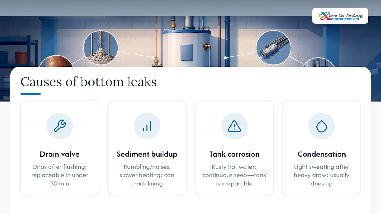 Diagram comparing causes of water heater bottom leaks