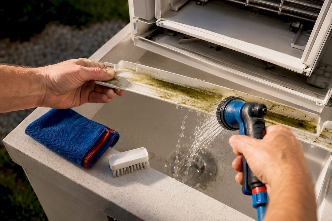 Algae buildup in window AC drain channel
