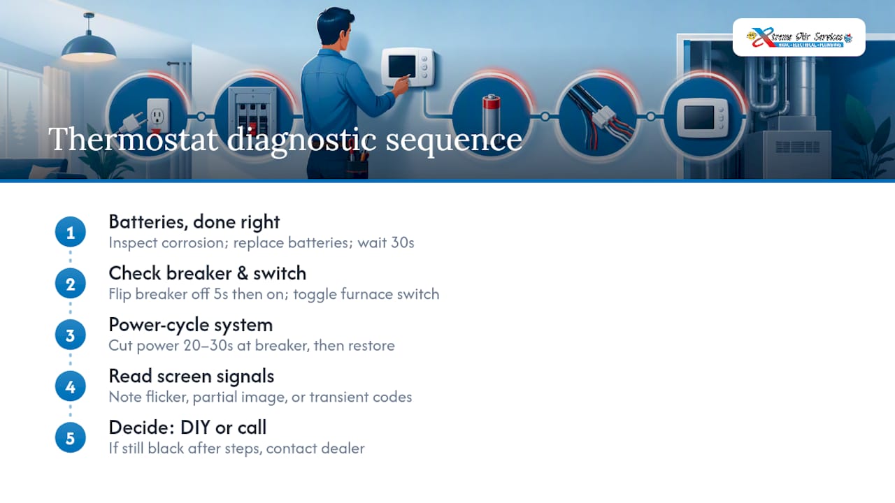 Five-step thermostat troubleshooting decision path