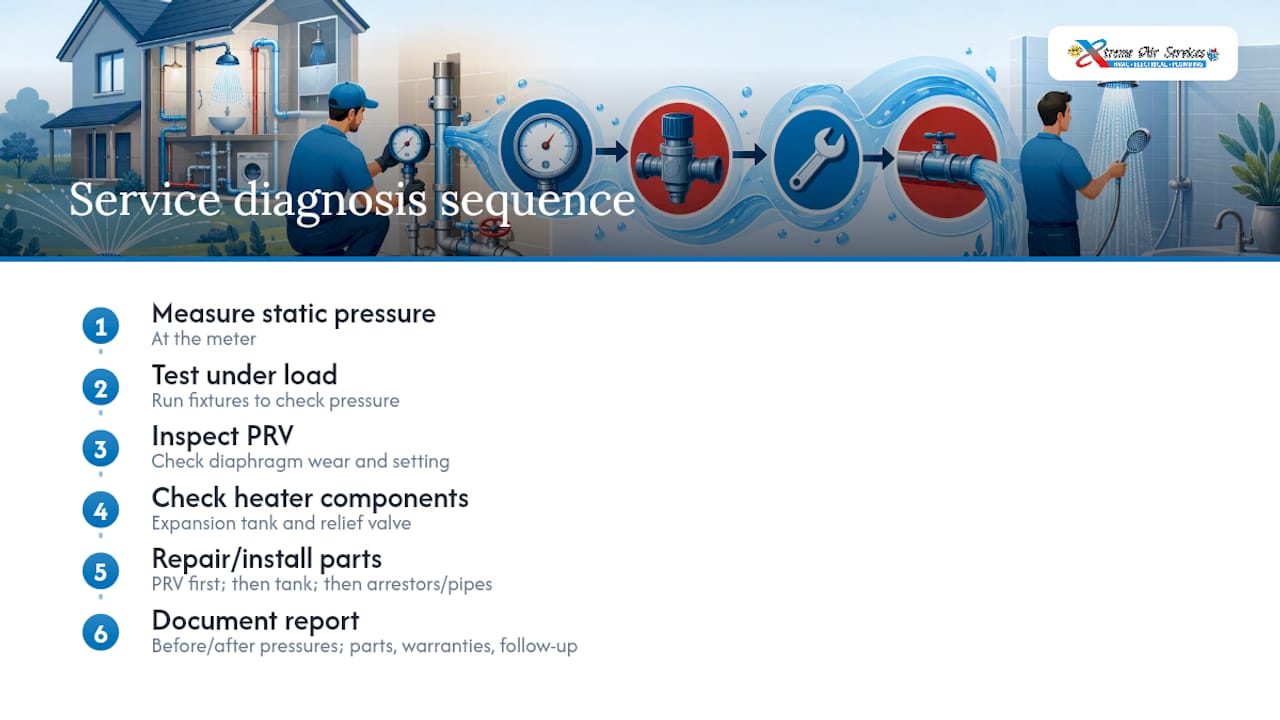 Water pressure diagnosis and repair sequence