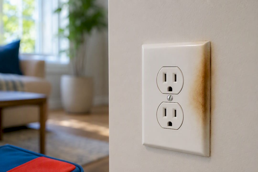 Discolored outlet cover showing electrical warning