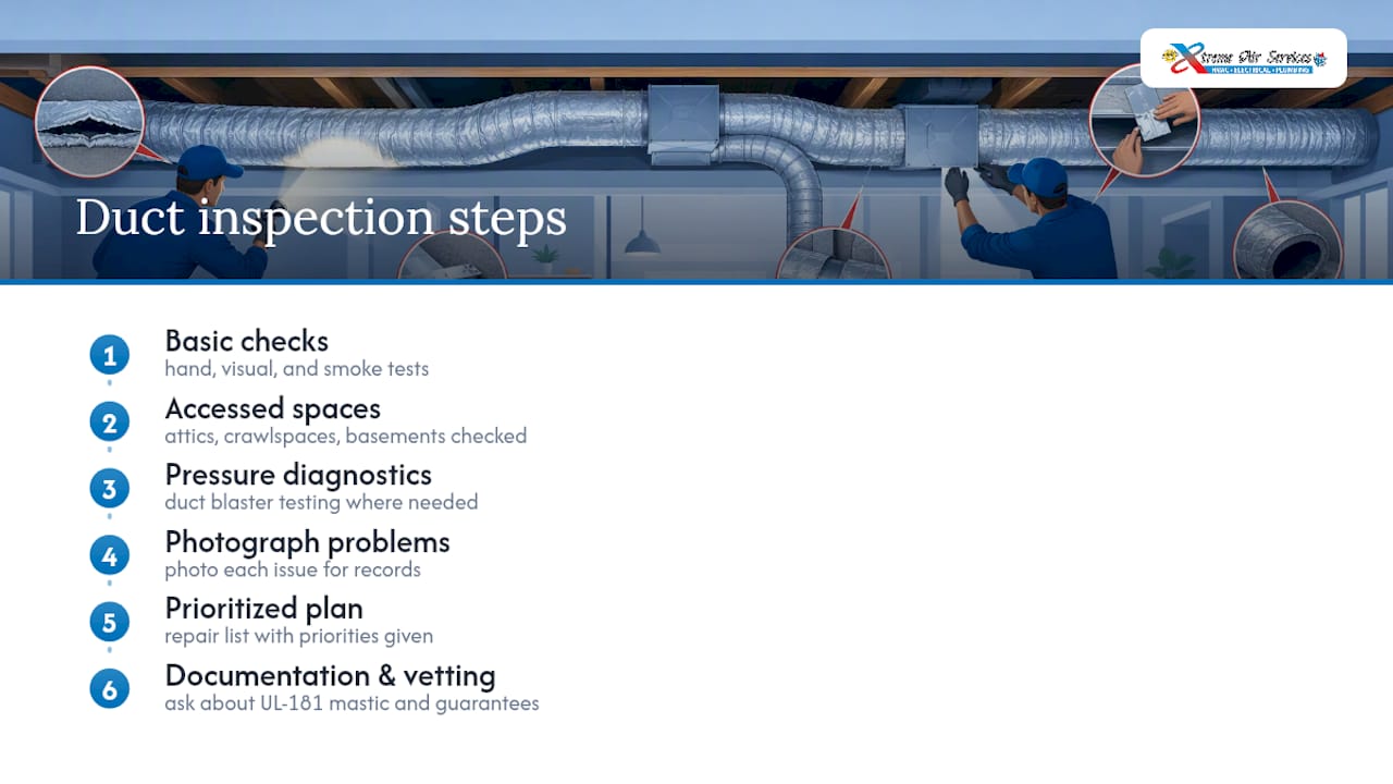 Duct inspection escalation from checks to repair plan