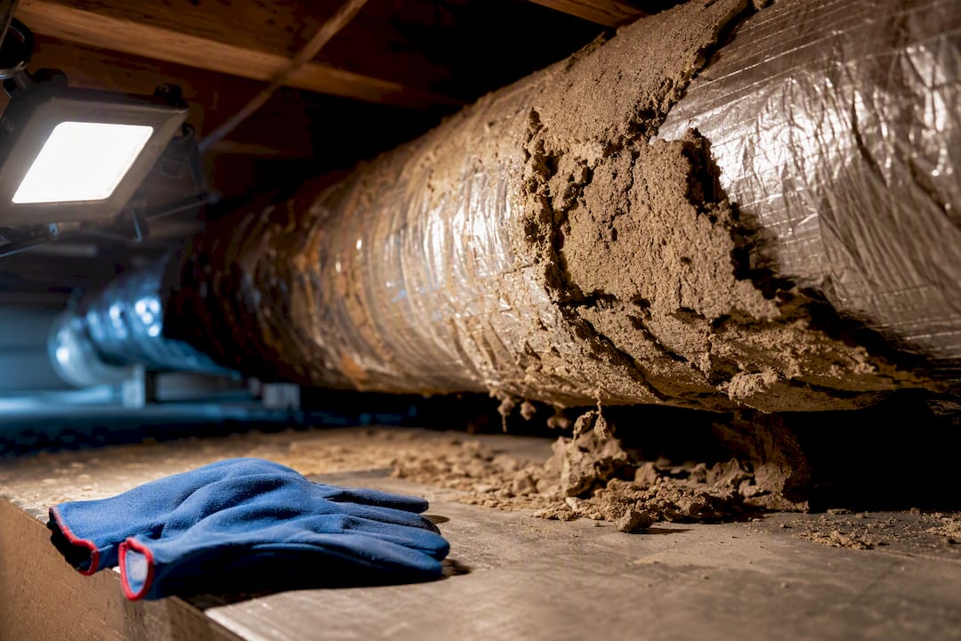 Crumbling duct insulation beside protective gloves