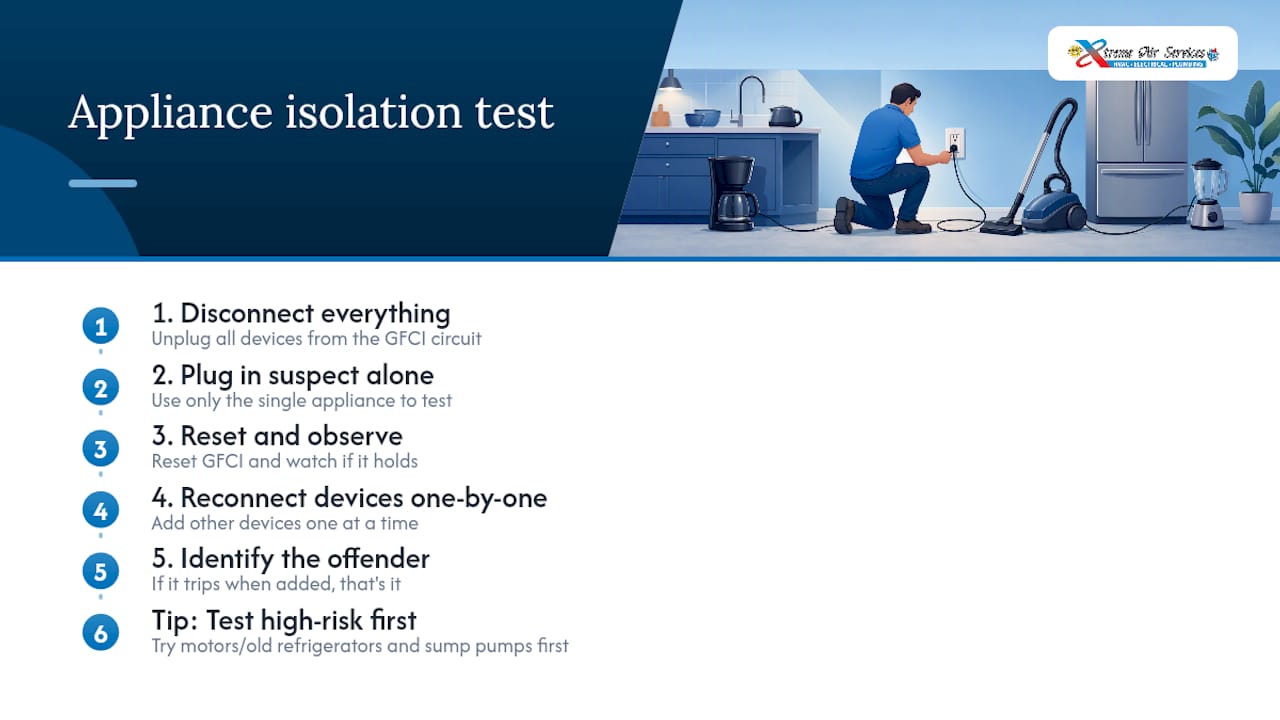 Step-by-step GFCI appliance isolation test