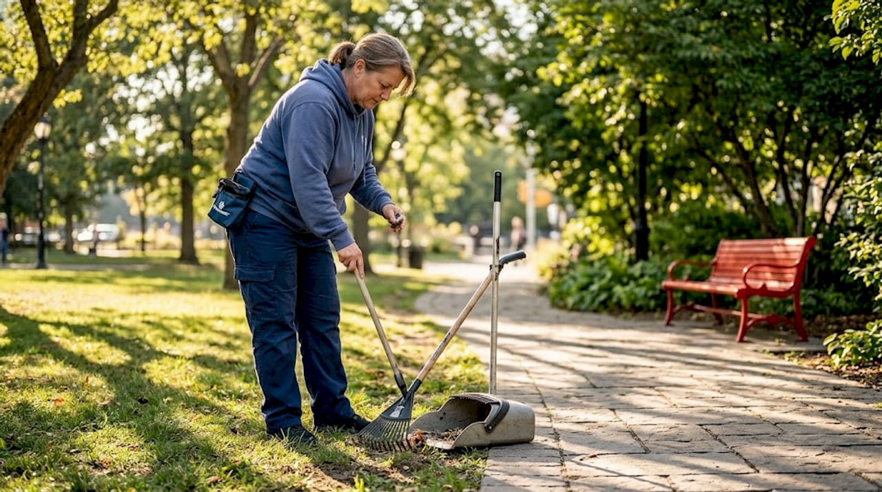 Woman using dustpan and rake for cleanup