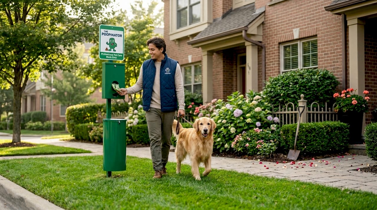 Resident uses pet waste station, tidy property grounds