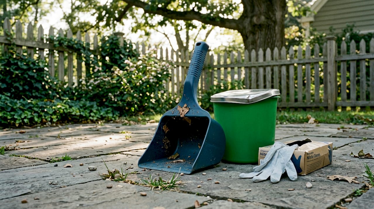 Pet waste removal tools on backyard deck