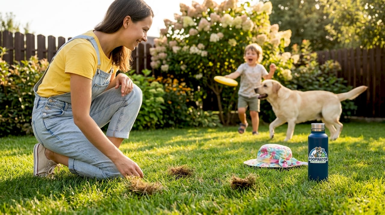 Family checks lawn for dog waste