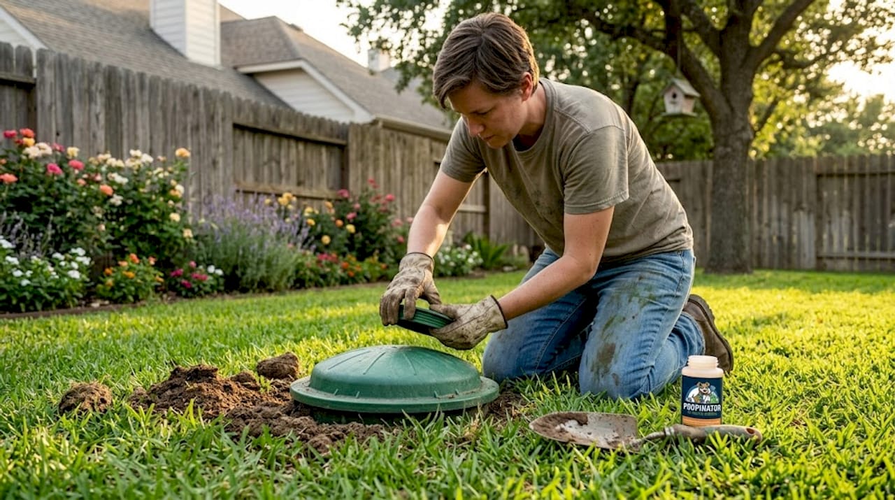 Person maintaining backyard pet waste digester