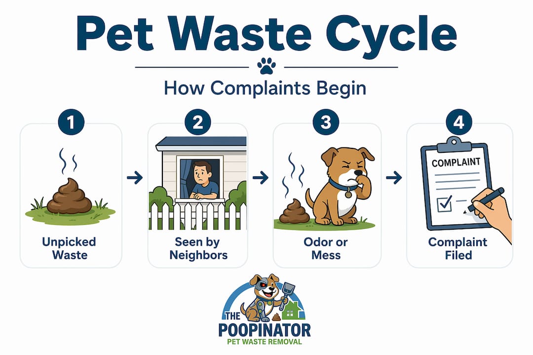 Vertical flow infographic of pet waste complaint cycle