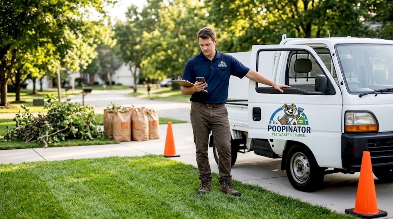 Yard cleanup service technician prepping job