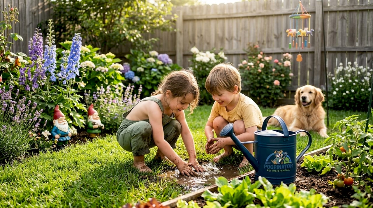 Children playing in yard with dog nearby