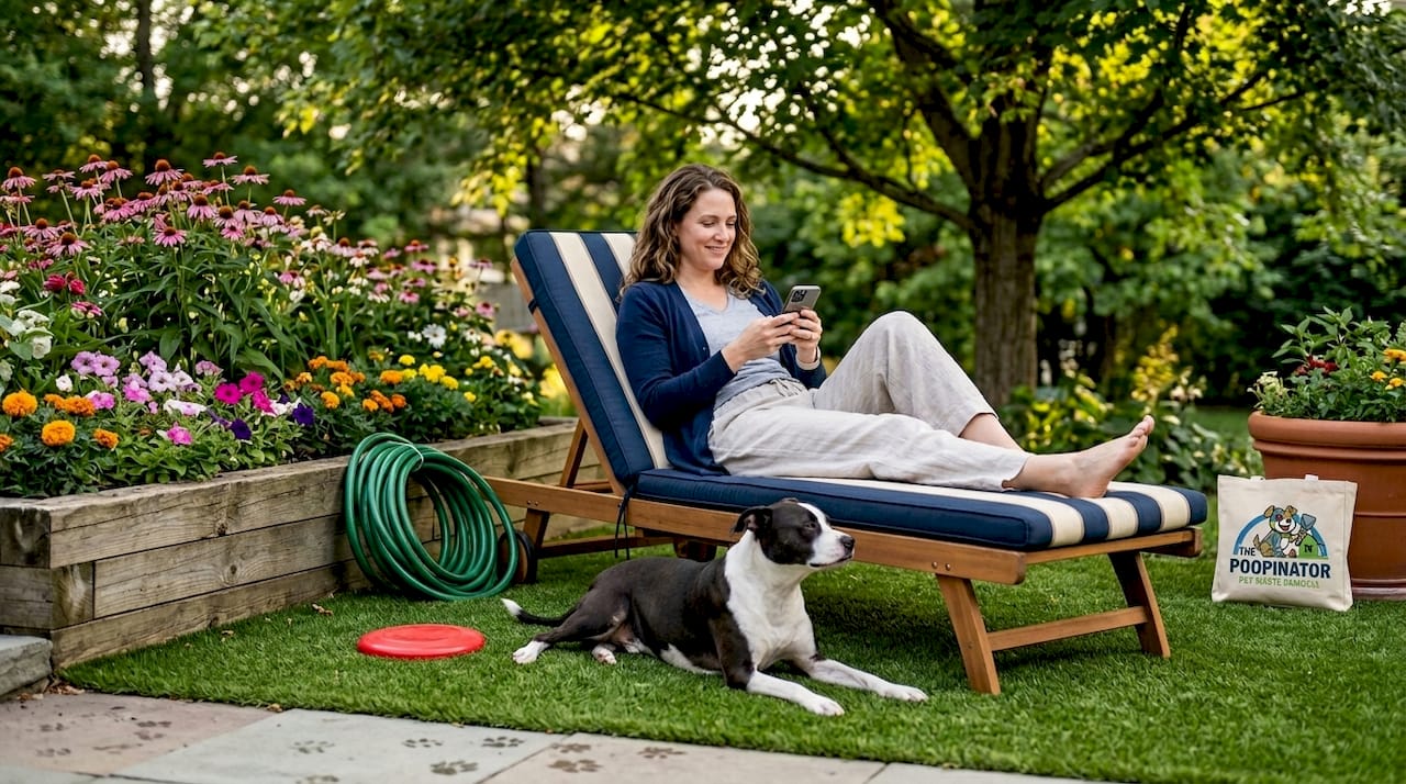 Dog on artificial turf next to owner’s chair