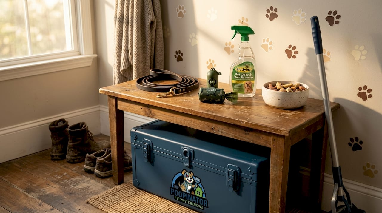 Dog waste cleanup tools on entryway table