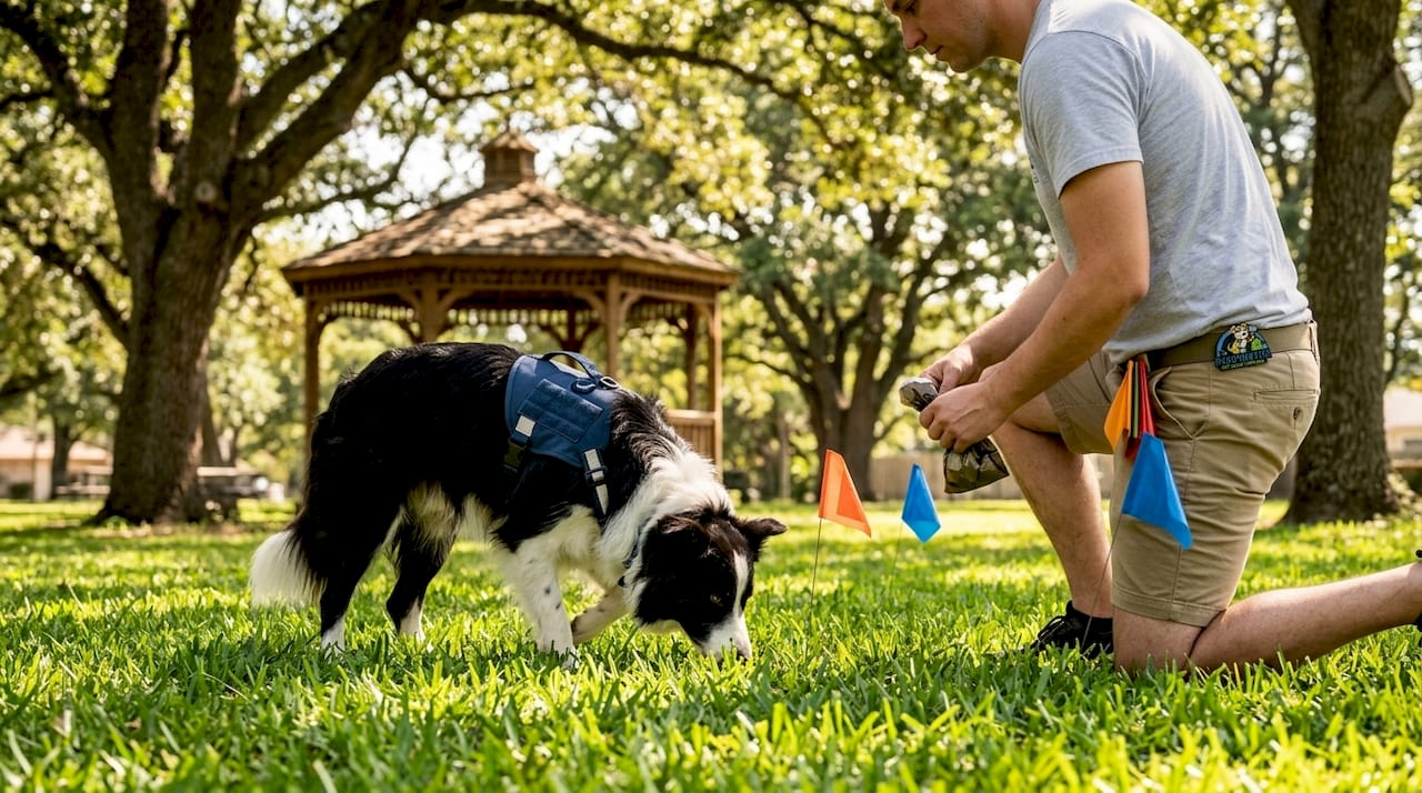 Sanitation dog detecting waste in park