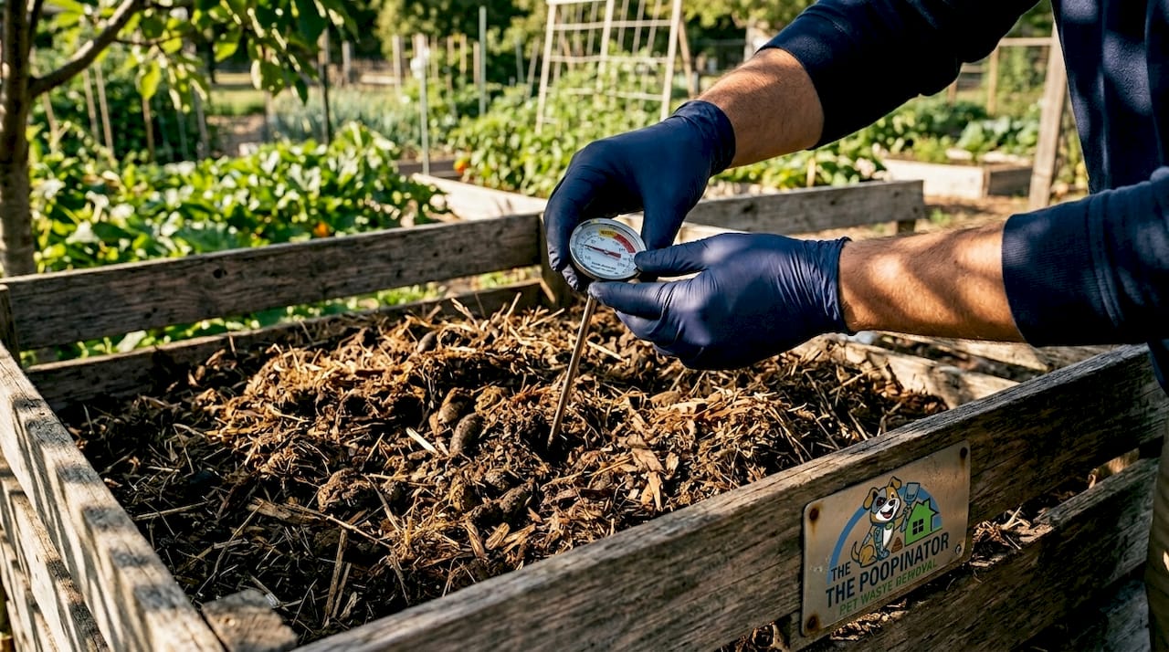Hands checking compost temperature with thermometer