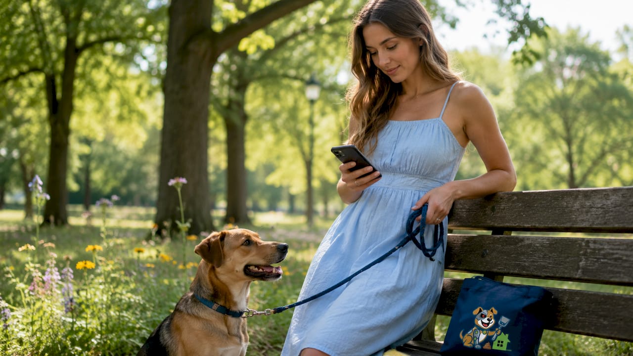 Dog owner checking dog waste service schedule outdoors
