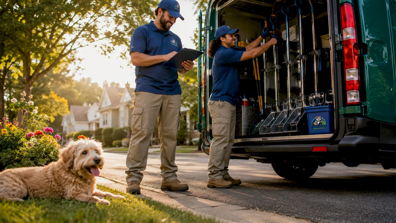 Technicians and pooper scooper service truck preparing