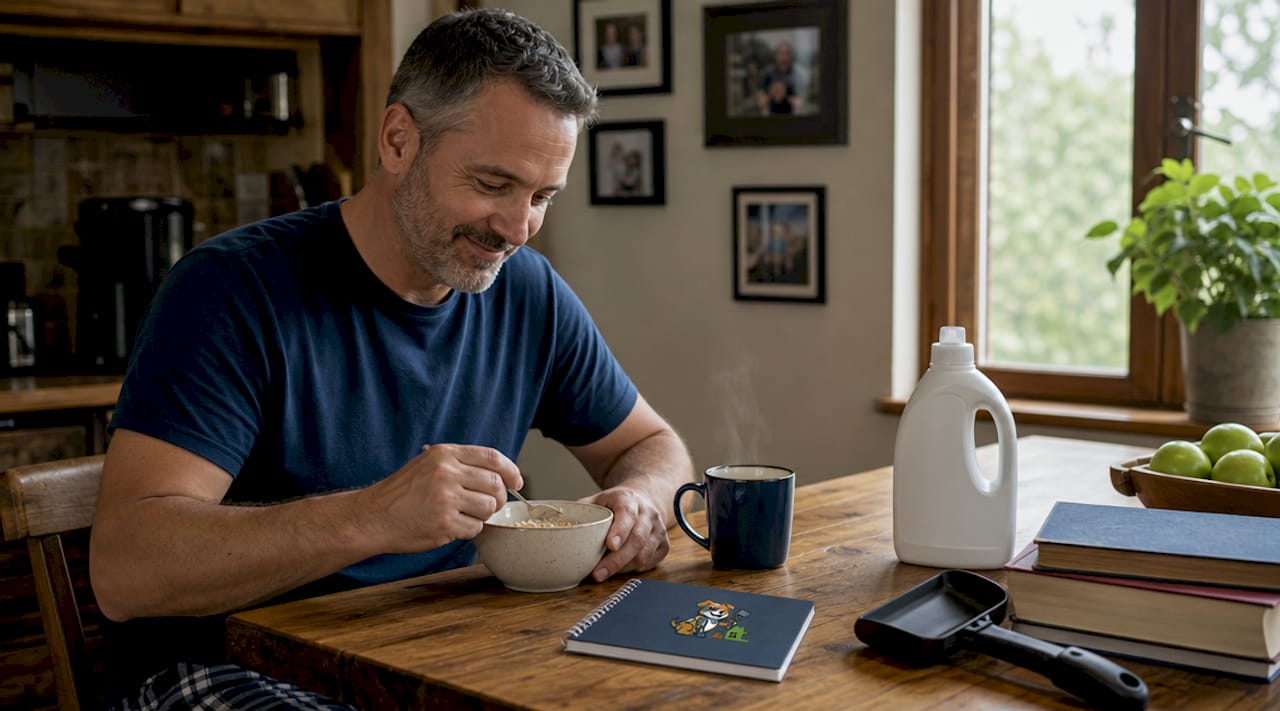 Man linking dog waste cleanup to morning coffee
