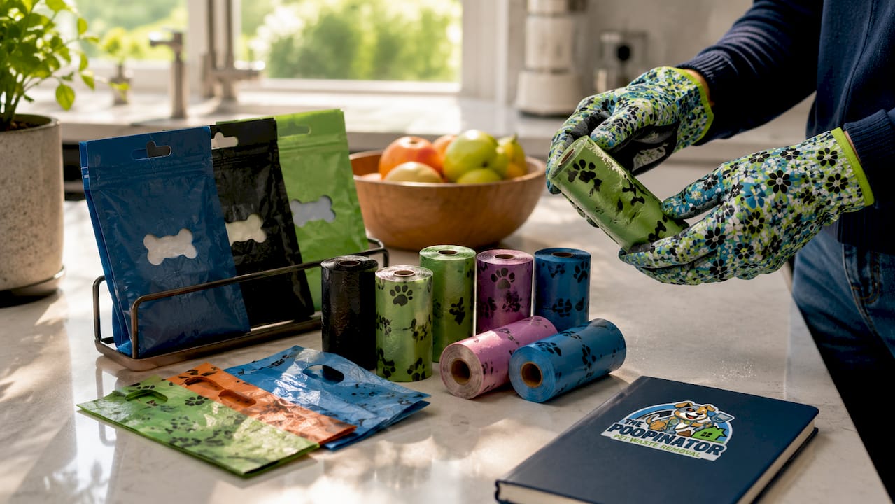 Various dog waste disposal bag formats close-up