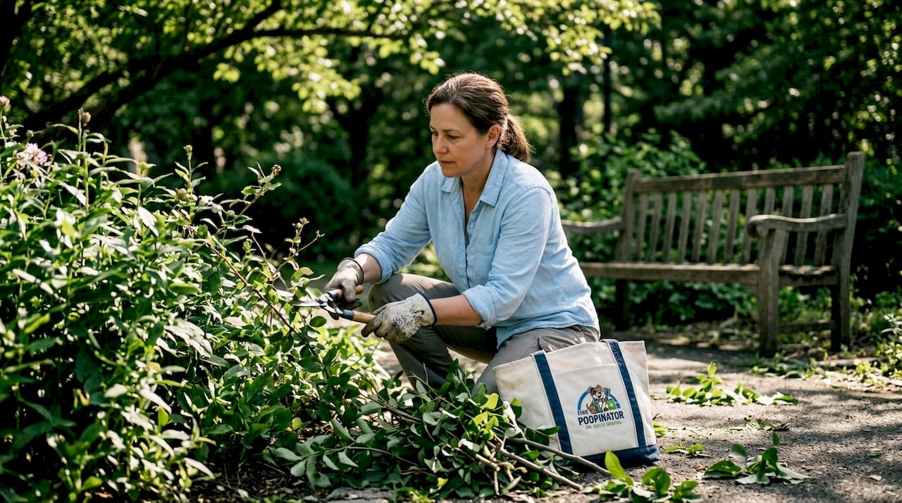 Horticulturist pruning plants near guest seating