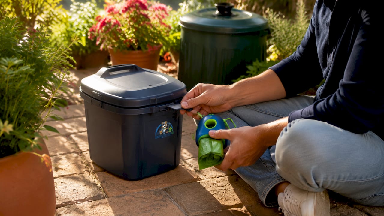 Close-up of dog waste cleanup tools
