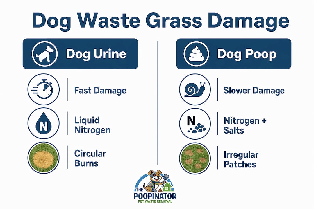 Infographic comparing dog urine and dog poop effects on grass