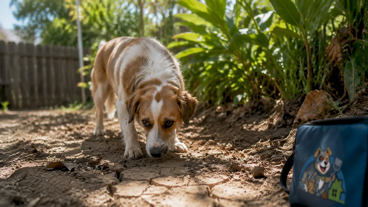 Anxious dog near dirty yard patch