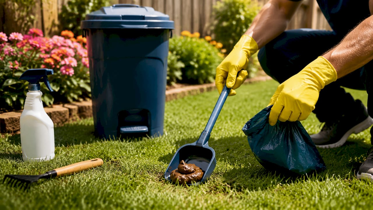 Close-up of dog waste removal tools on artificial turf