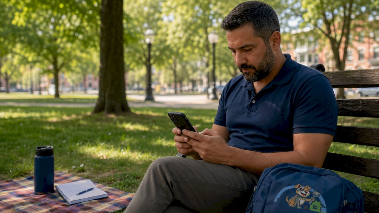 Man checking pet waste service reviews on phone in café