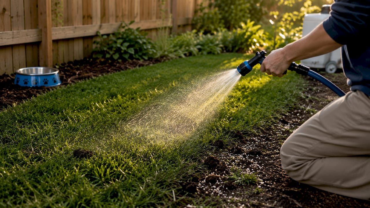 Lawn care with pet-friendly watering scene